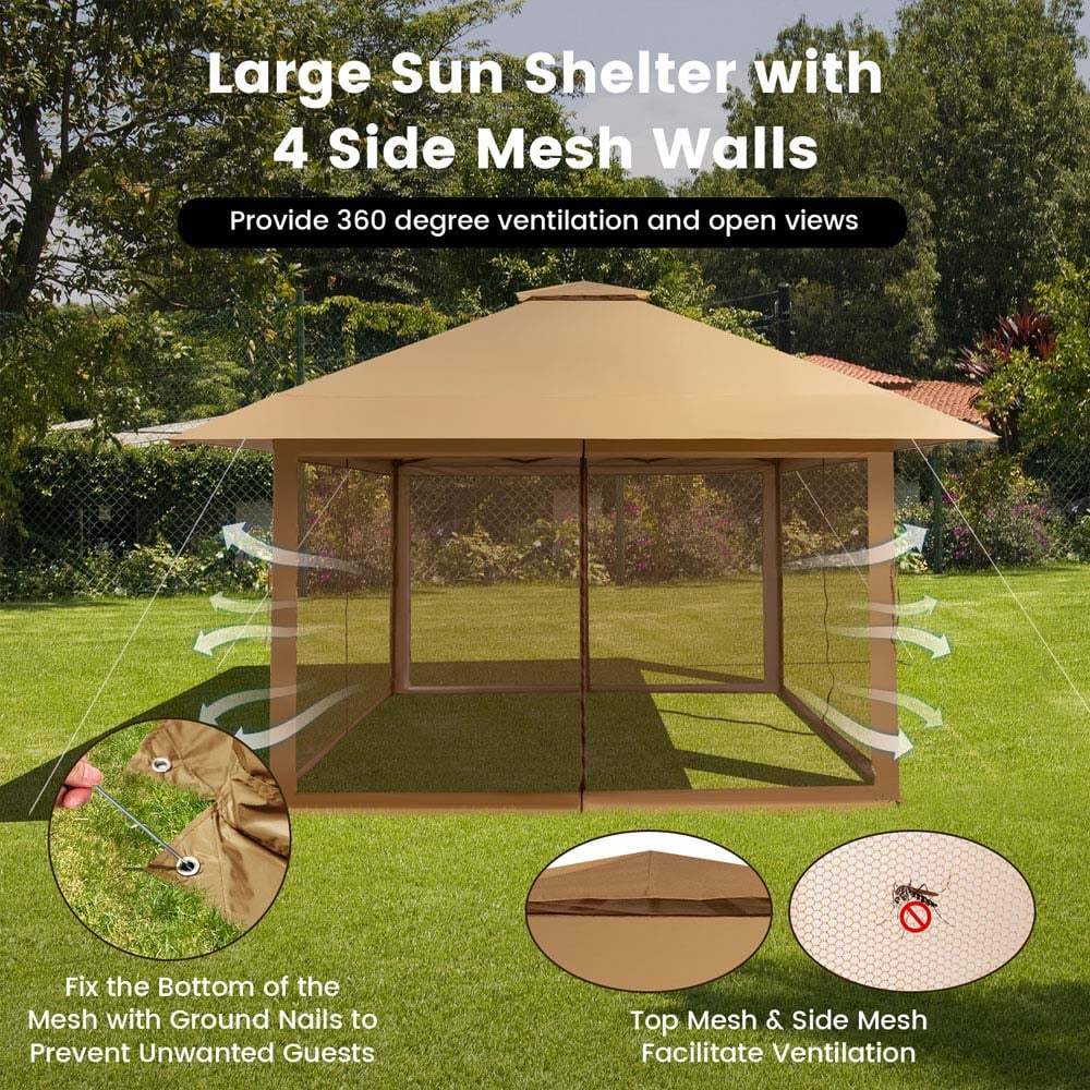 Costway 4 x 4m Brown Pop Up Gazebo with Mesh Sidewalls Image 4