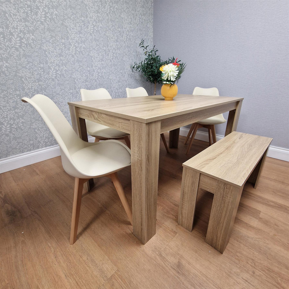 Kosy Koala Tulip 6 Seater Faux Leather Dining Set with Bench Oak Effect and Cream Image 4