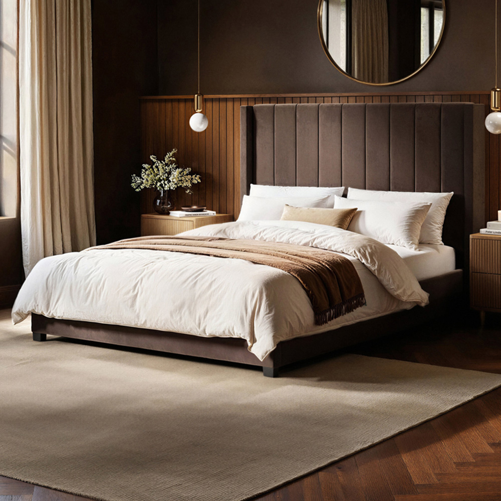 Flair Tiggy King Size Chocolate Velvet Lift-Up Ottoman Bed with Winged Headboard Image 1