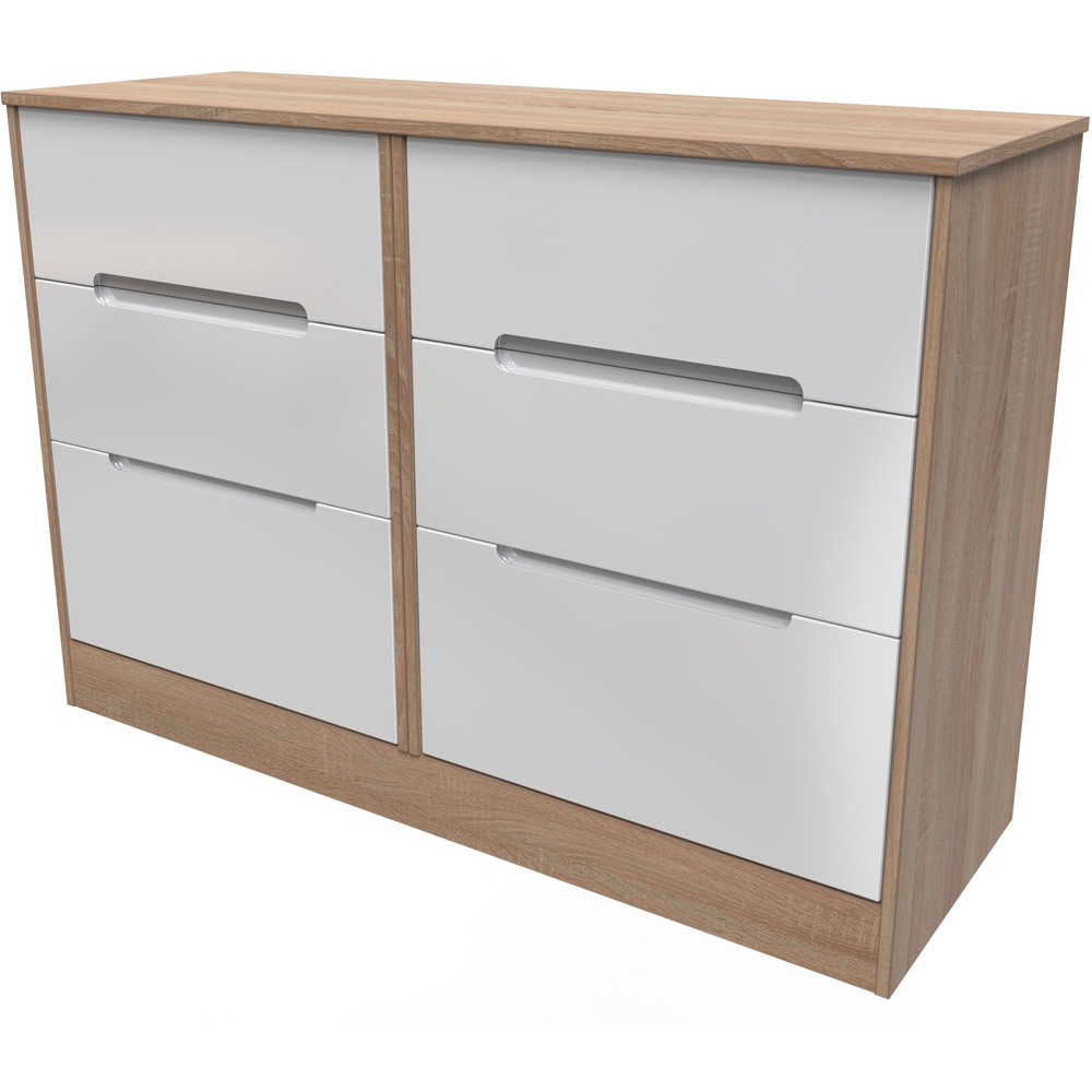 Crowndale Monaco 6 Drawer White Gloss and Bardolino Oak Wide Chest of Drawers Ready Assembled Image 3