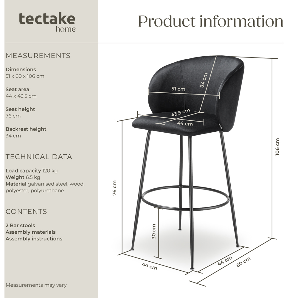 tectake Luana Black Velvet Look Padded Bar Stool Set of 2 Image 8