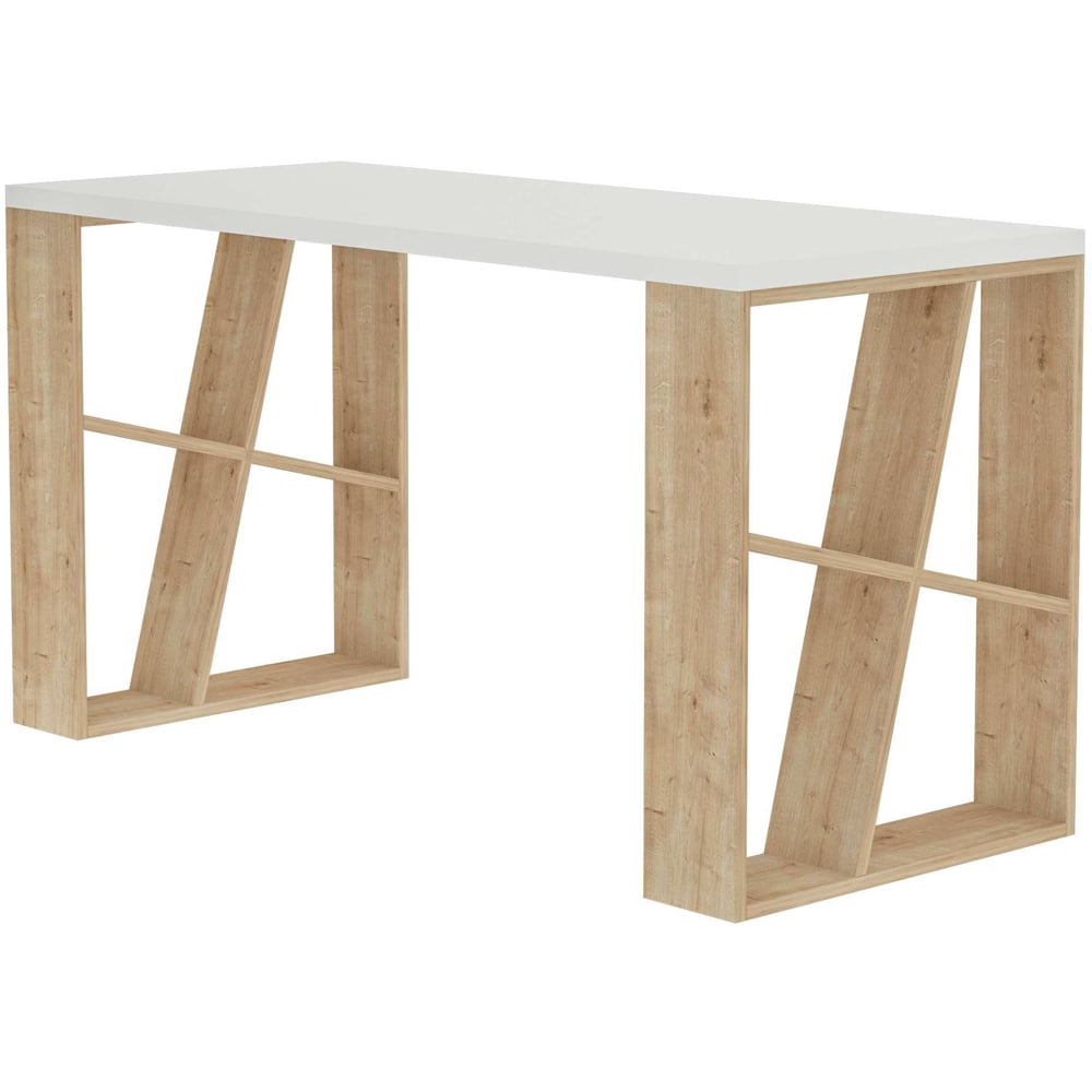 Decortie Honey 8 Shelf Modern Desk with Bookcase White and Oak Image 2