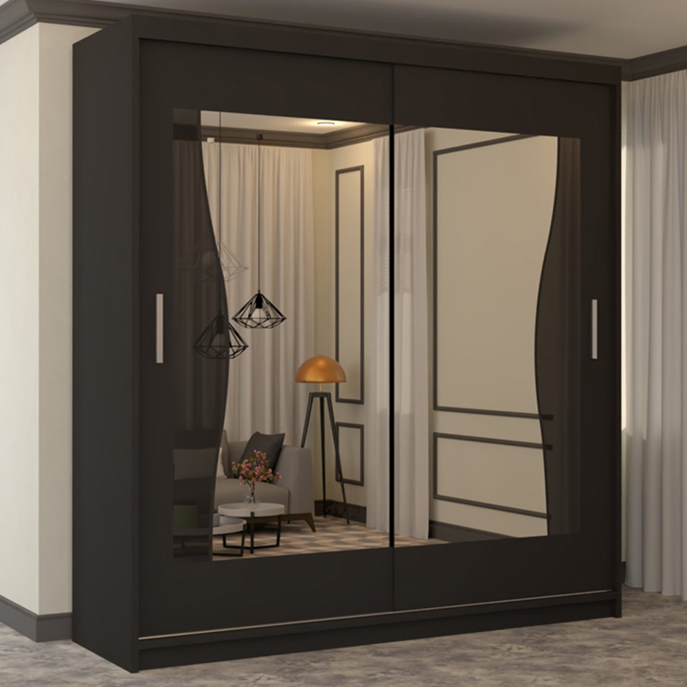 M N Furniture Banton 2 Door Black Curved Mirrored Sliding Wardrobe 150cm Image 1