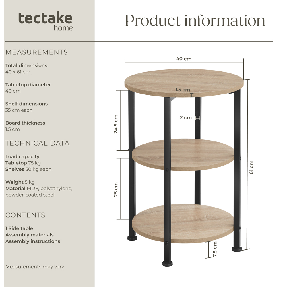 Tectake Colchester 2 Shelf Sonoma Oak Round Bedside Table Image 8