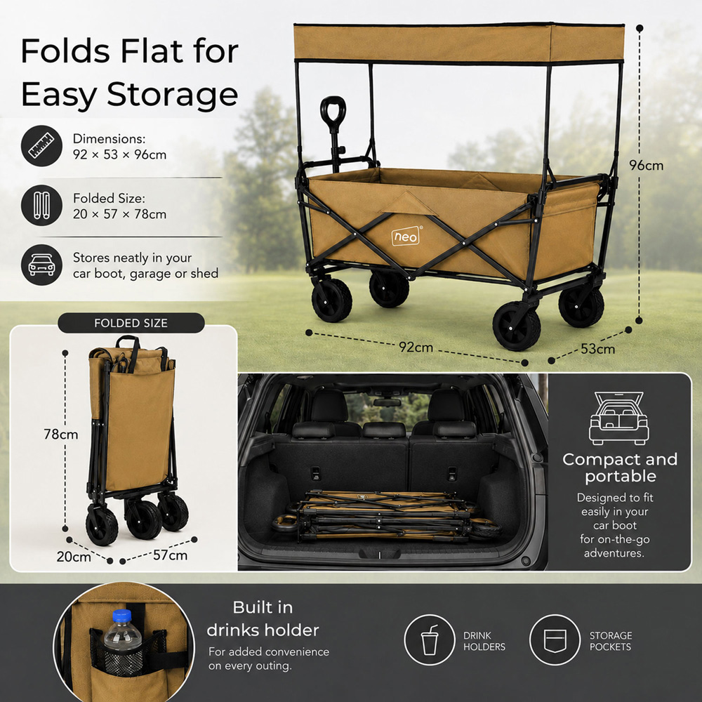 Neo Direct 140L Khaki Heavy Duty Folding Garden Trolley Cart with Canopy Image 9