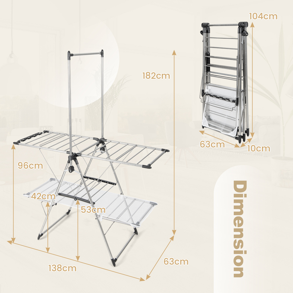 Costway 2 Tier Foldable Laundry Drying Rack with Hanging Bar Image 9