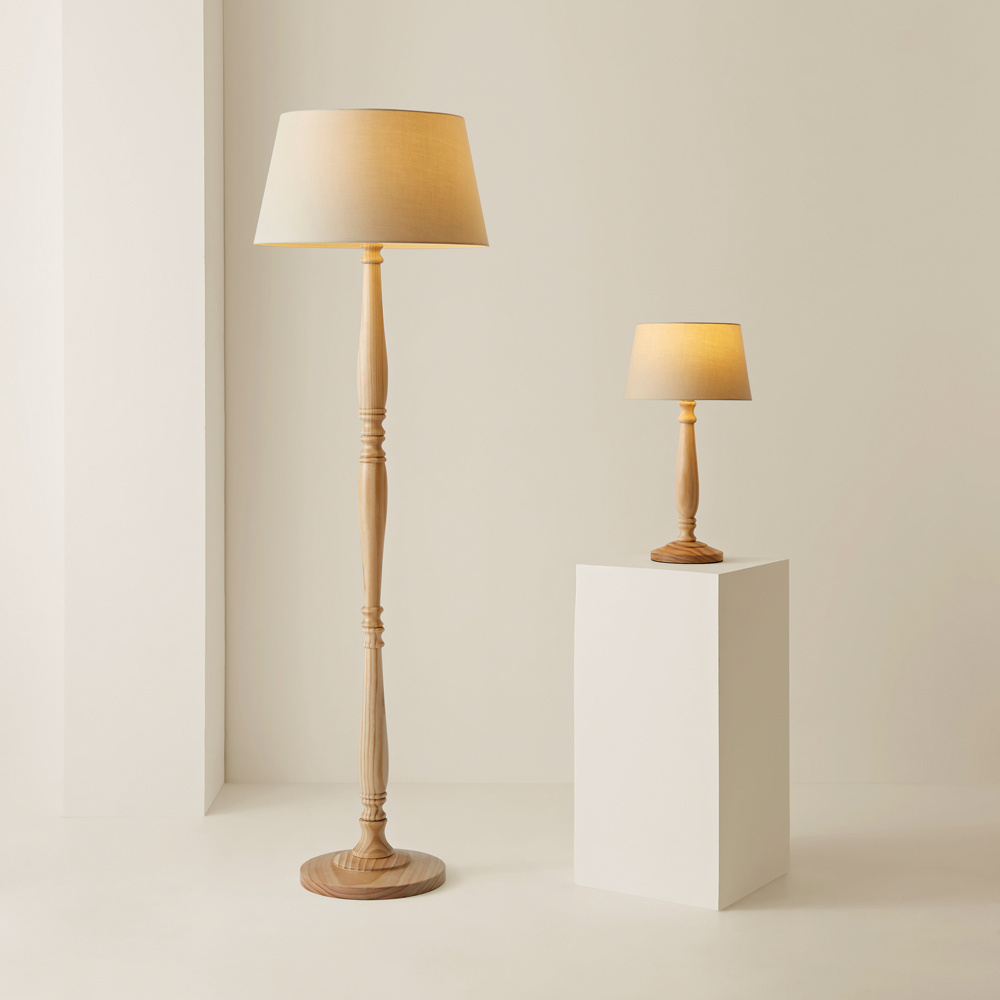 ValueLights Victoria Beige Fabric Tapered Shade Light Wood Traditional Stem LED Floor Lamp Image 6