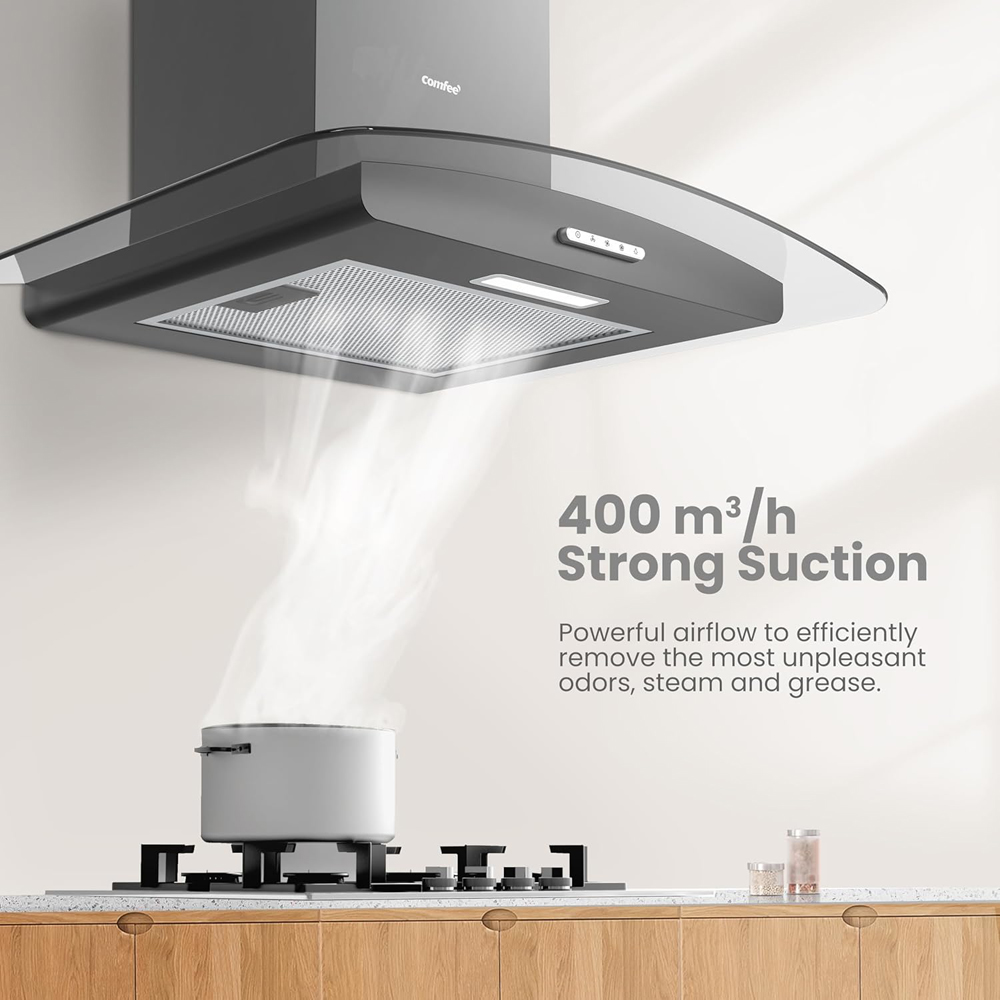 Comfee Stainless Steel Black 60cm 3 Speed Wall Mounted Glass Cooker Hood with LED Image 4