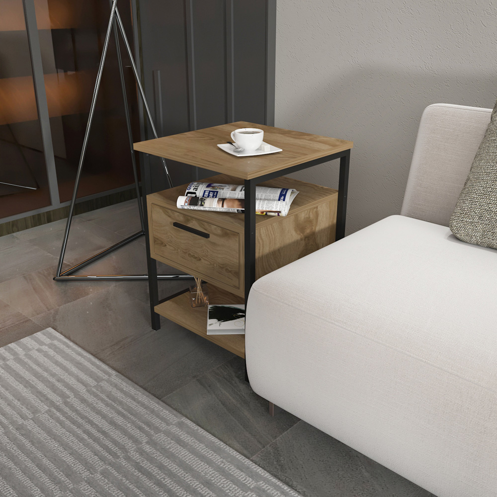 Decorotika Alba Single Drawer 2 Shelf Oud and Black Side Table Image 6