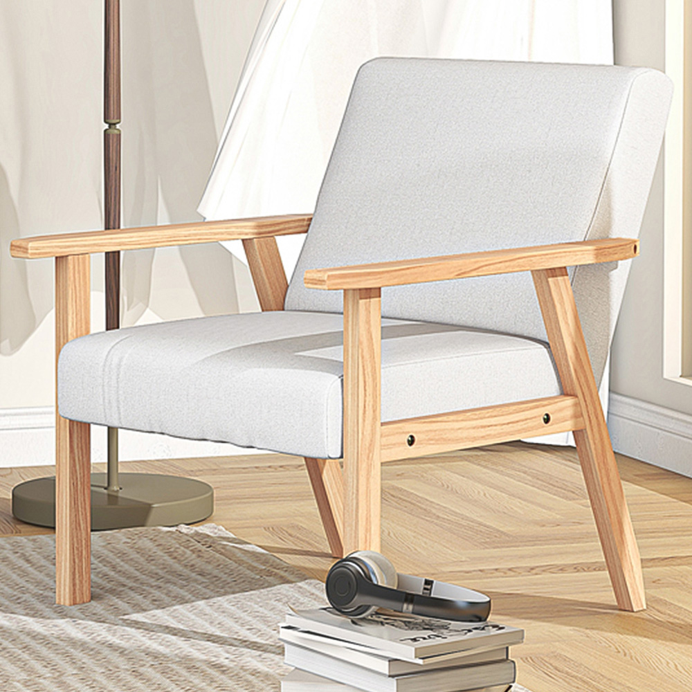 HOMCOM Cream White Wood Frame Accent Armchair with Linen Cushions Image 1