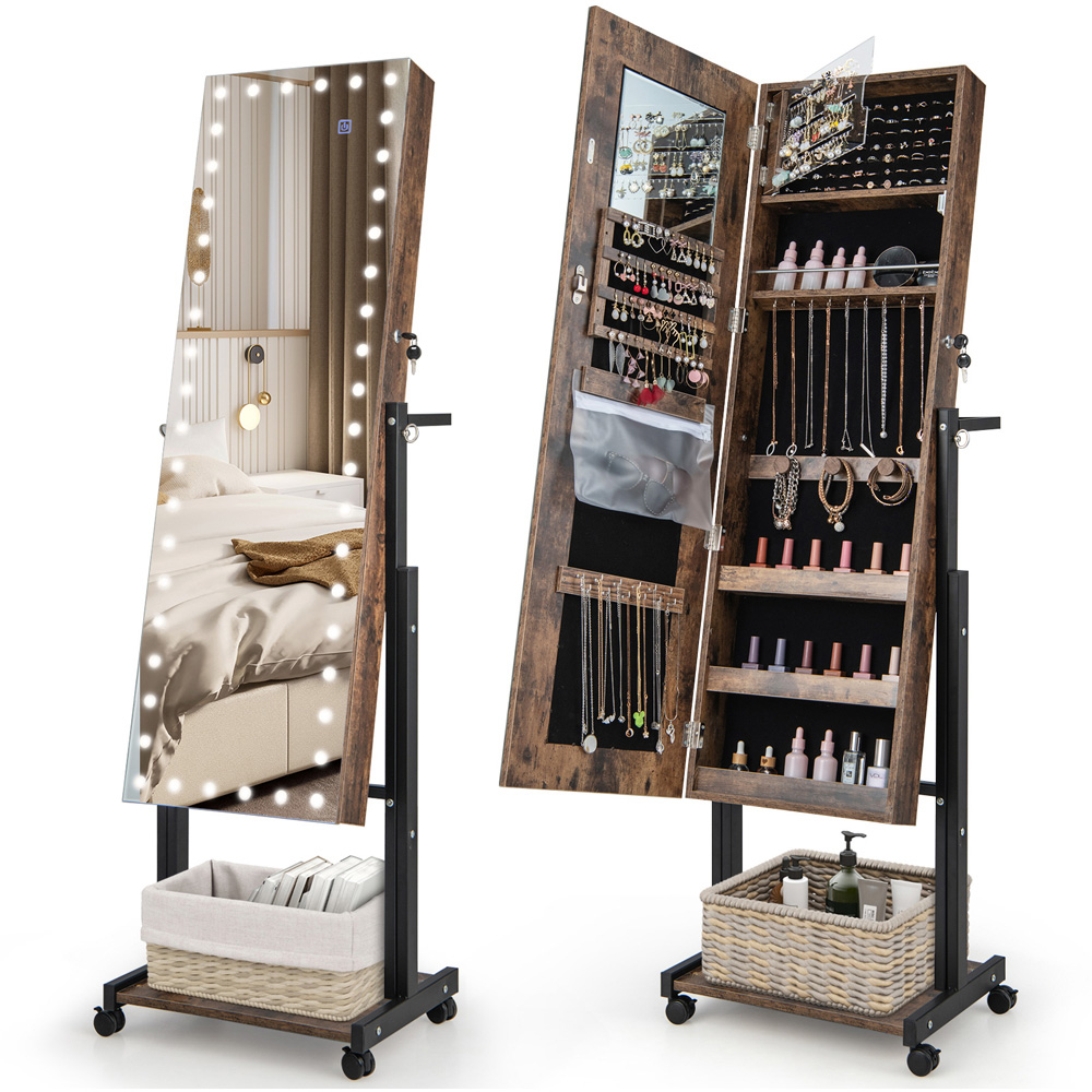 Costway Brown LED Full Length Mirror Jewellery Armoire Image 3