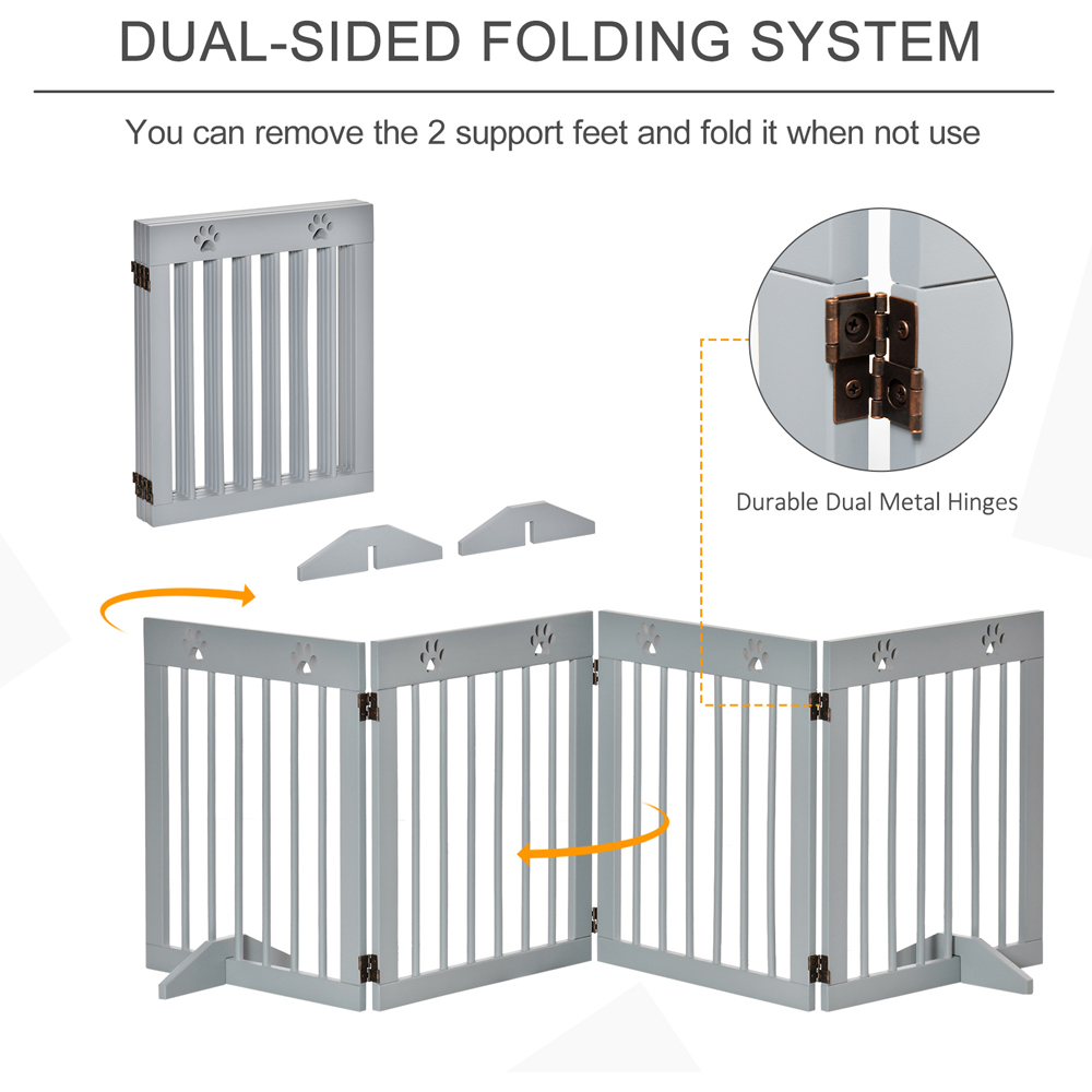 PawHut Grey 4 Panel Wooden Folding Pet Safety Gate with Support Feet Image 4