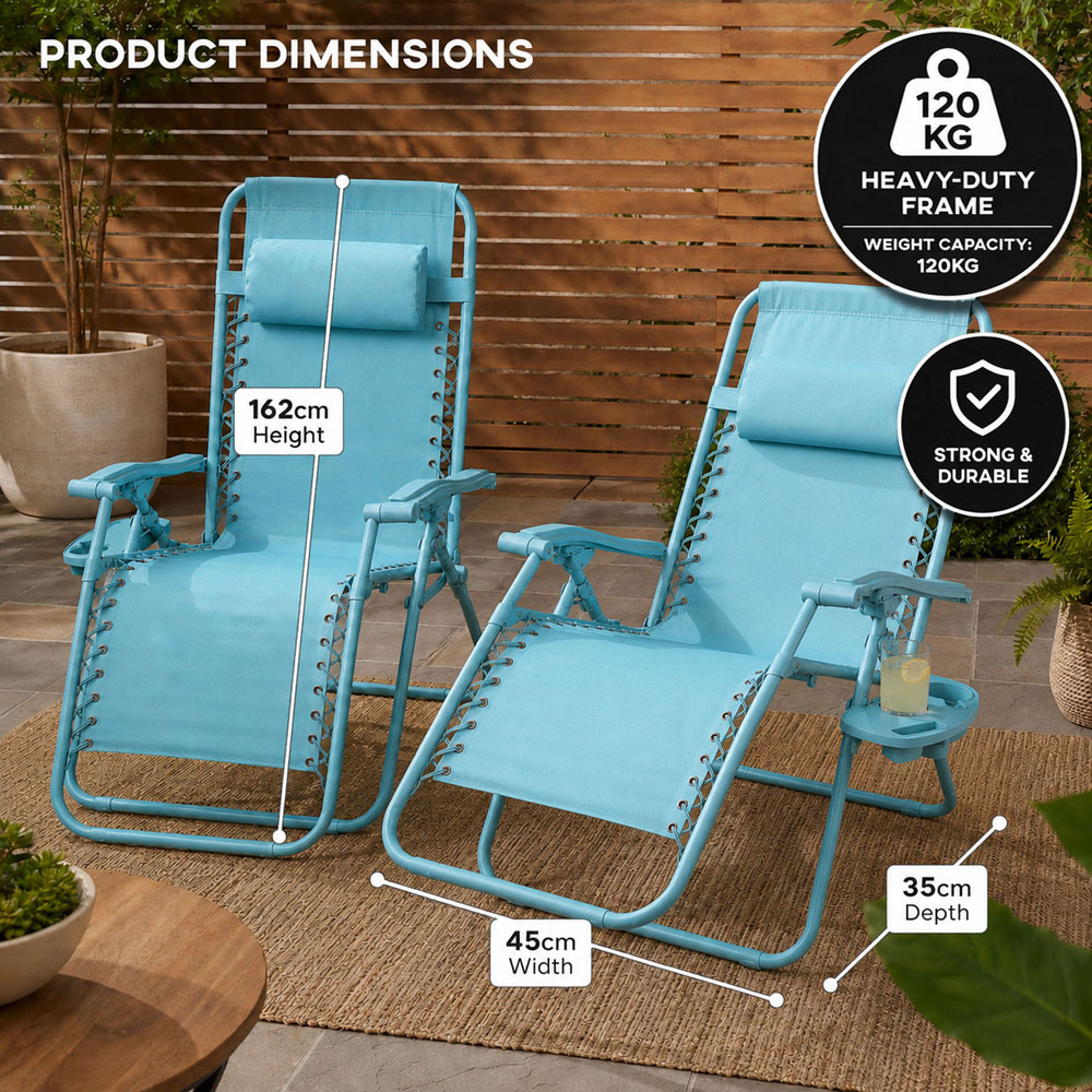 Neo Aqua Zero Gravity Foldable Garden Recliner Sun Lounger Set of 2 Image 9
