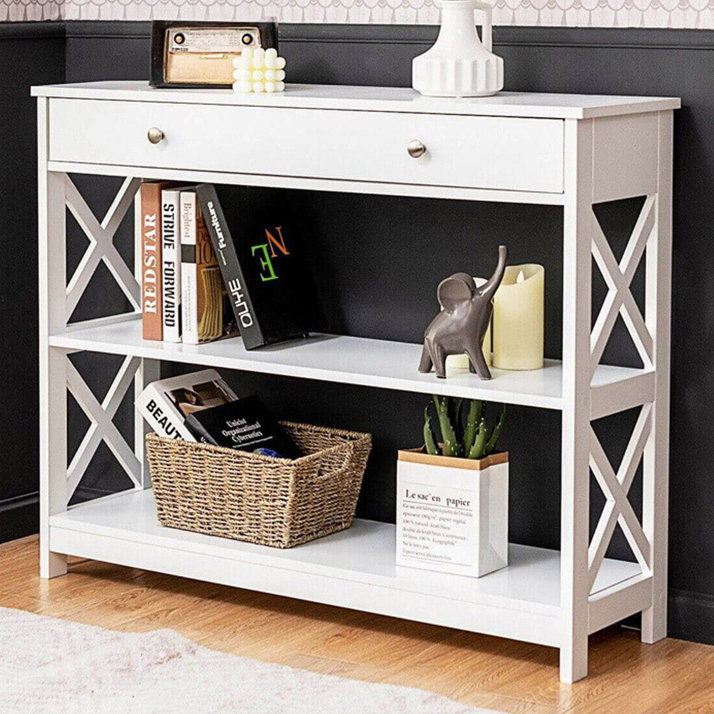 Costway Single Drawer 2 Shelf White Console Table Image 1
