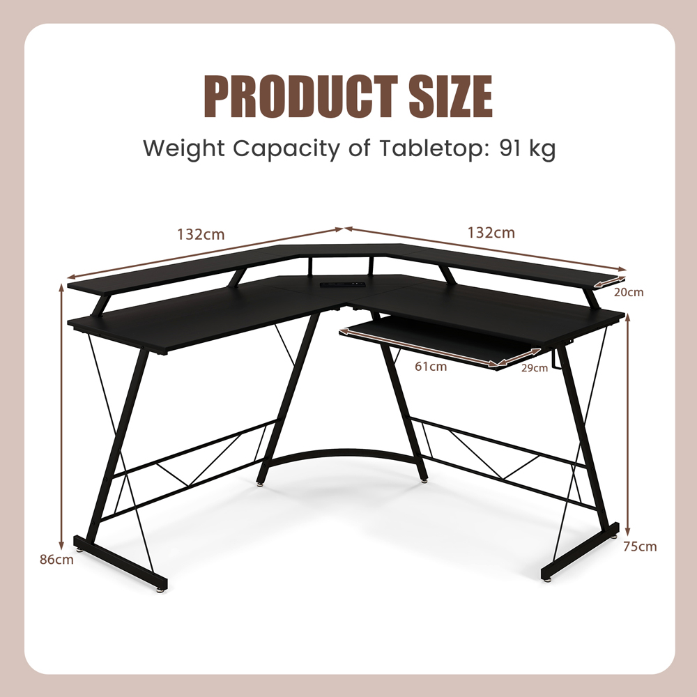 Costway 2 Shelf L Shaped Computer Desk with Power Outlet Black Image 9