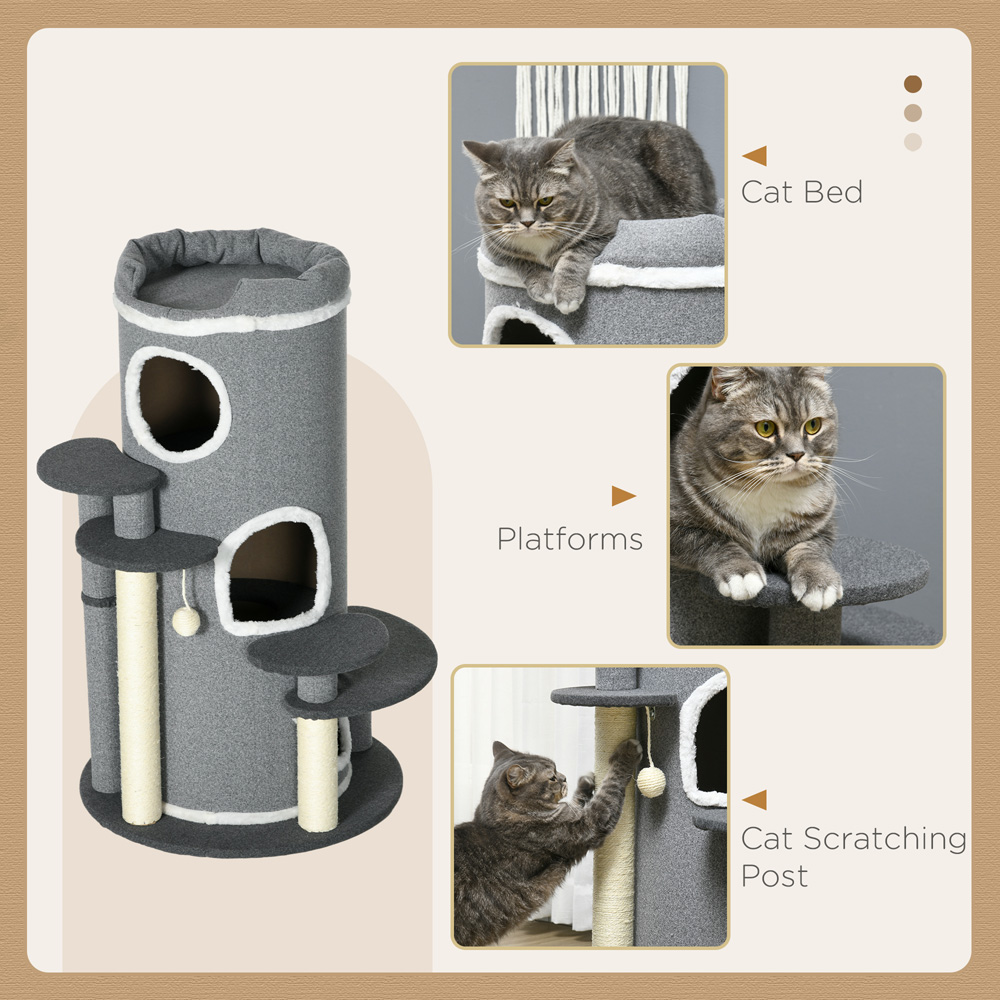 PawHut Barrel-Shaped Grey Indoor Cat Tree with Sisal Scratching Posts Image 5