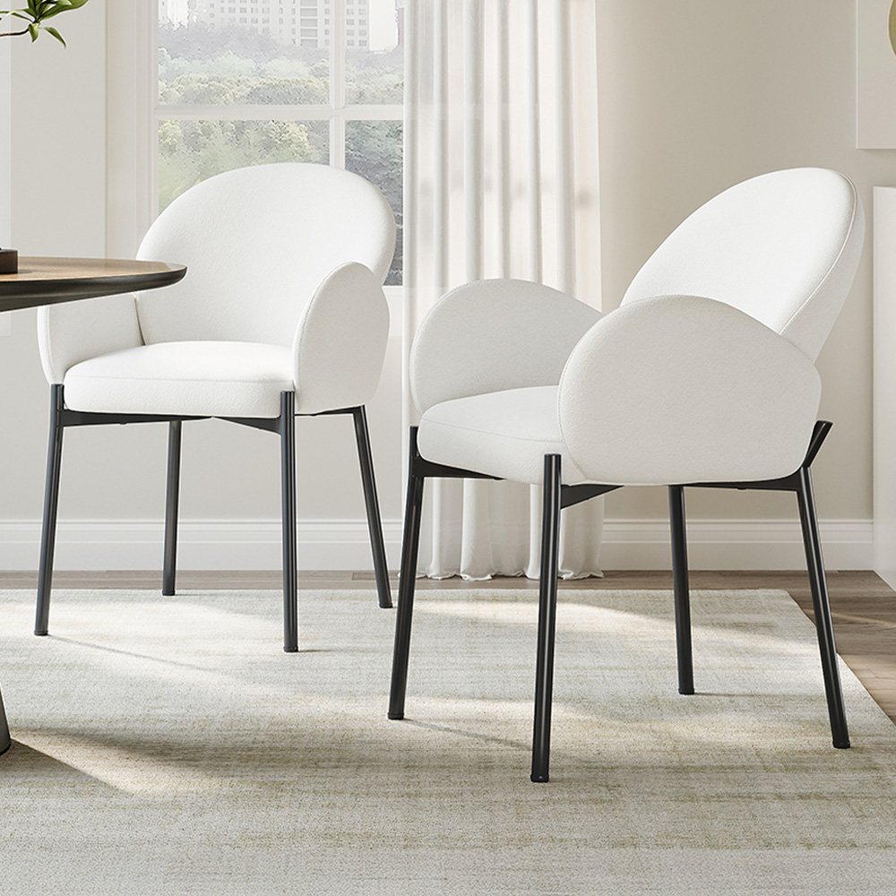 Living and Home Set of 2 White Upholstered Teddy Fleece Dining Chair with Armrests Image 1