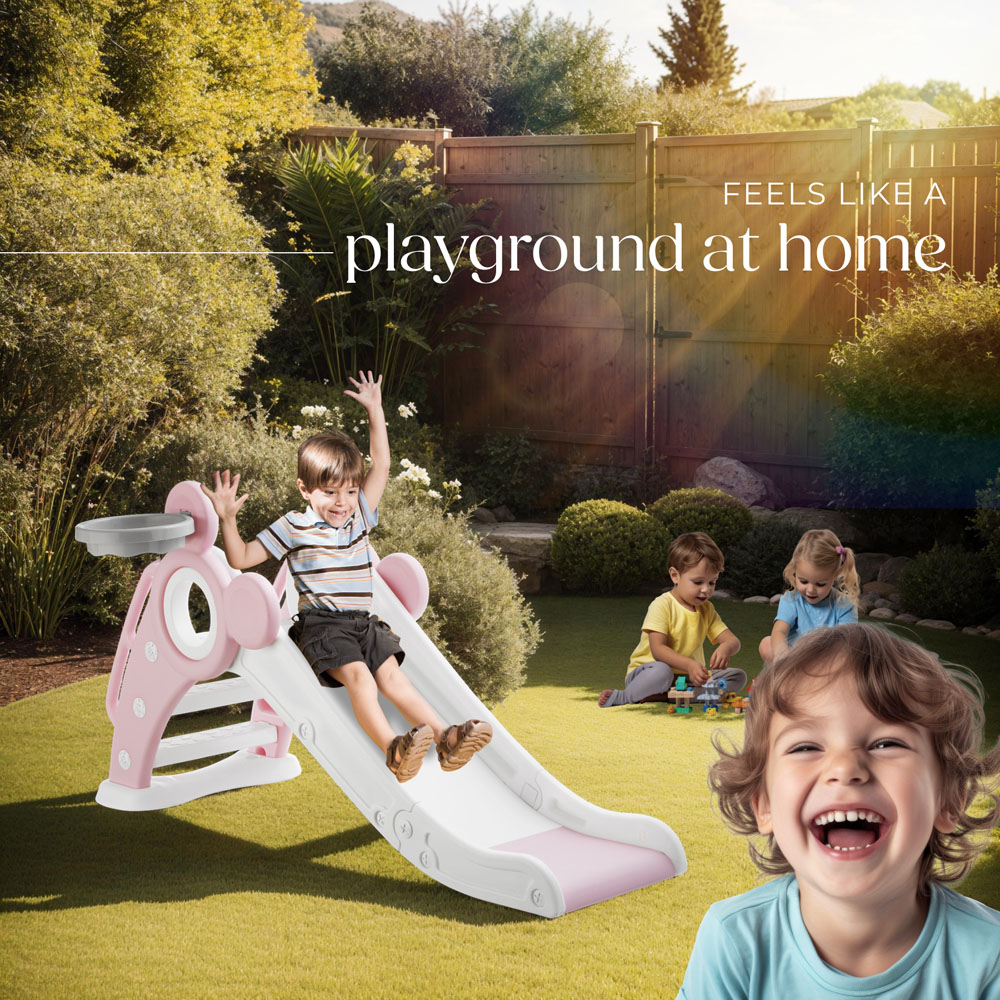 tectake Pink Children's Slide Joy with Basketball Hoop Image 8