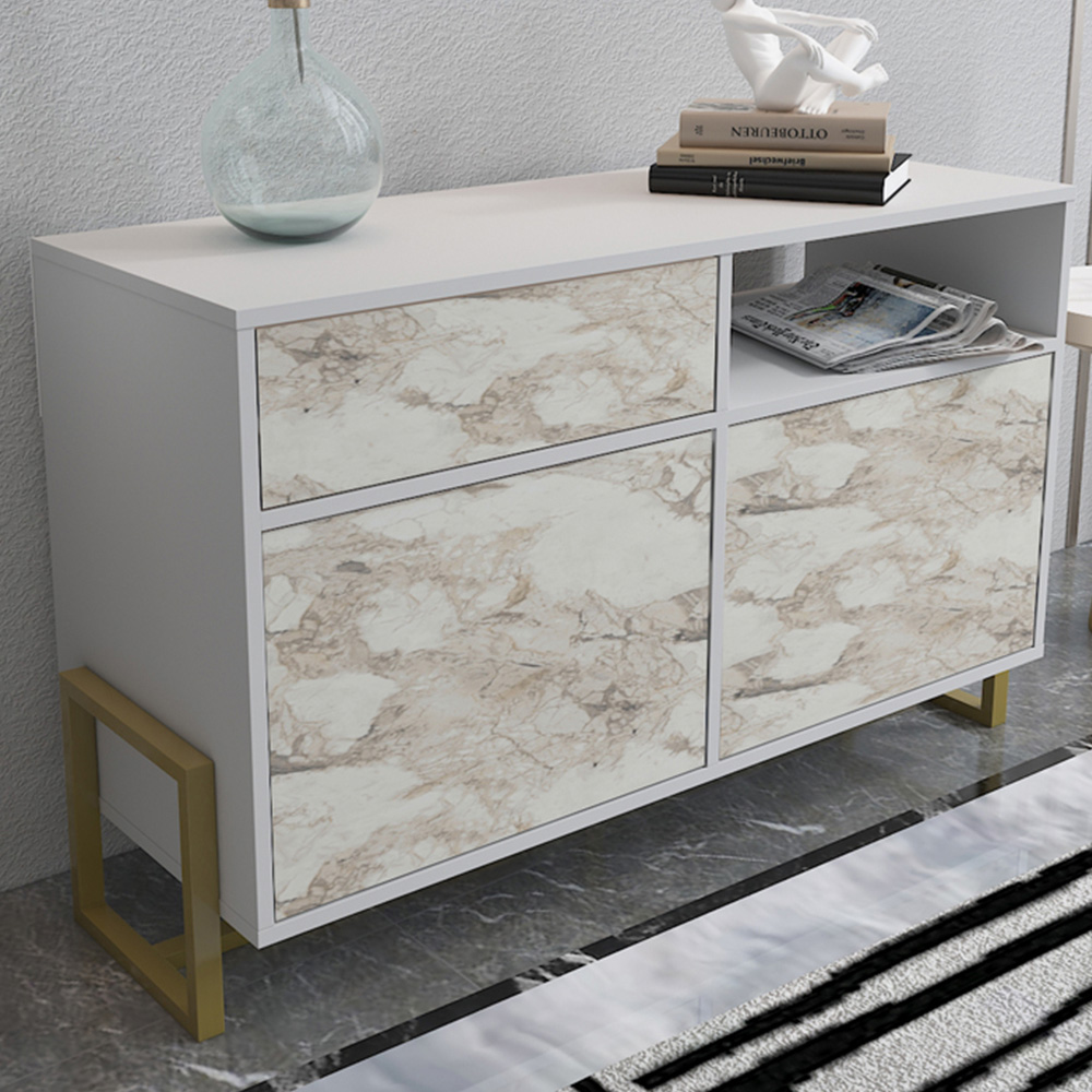 Decorotika Utopie 3 Door Singe Shelf White and White Marble Effect Modern Storage Cabinet Image 1