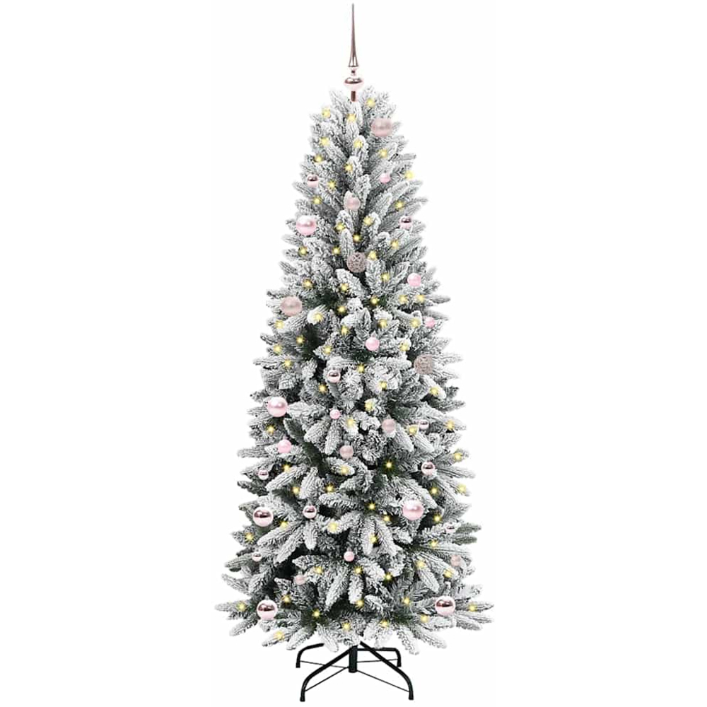 vidaXL Pre-Lit Pink Baubles Artificial Snow Flocked Christmas Tree 5ft Image 1
