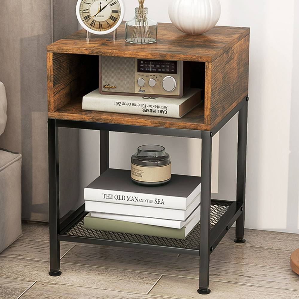 Costway 2 Shelf Brown Mesh Square Side Table Image 1