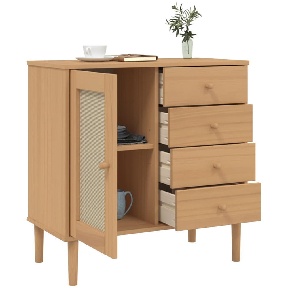 vidaXL Single Rattan Door 4 Drawer Brown Pine Wood Sideboard Image 4
