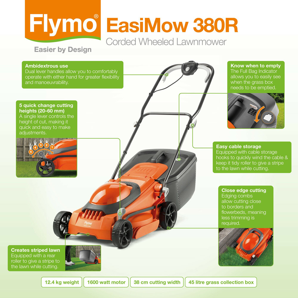 Flymo 967987201 1600W EasiMow 380R 38cm Corded Wheel Electric Lawn Mower Image 6