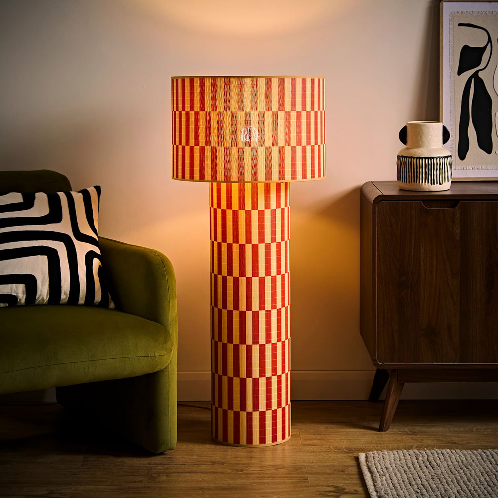 ValueLights Lori Orange Checkerboard Print Bamboo Midi Floor Lamp with Bulb Image 2