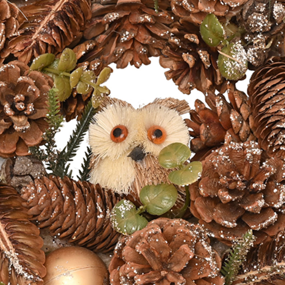 The Seasonal Gift Co. Gold Glitter Pinecone Wreath with Owl 30cm Image 3