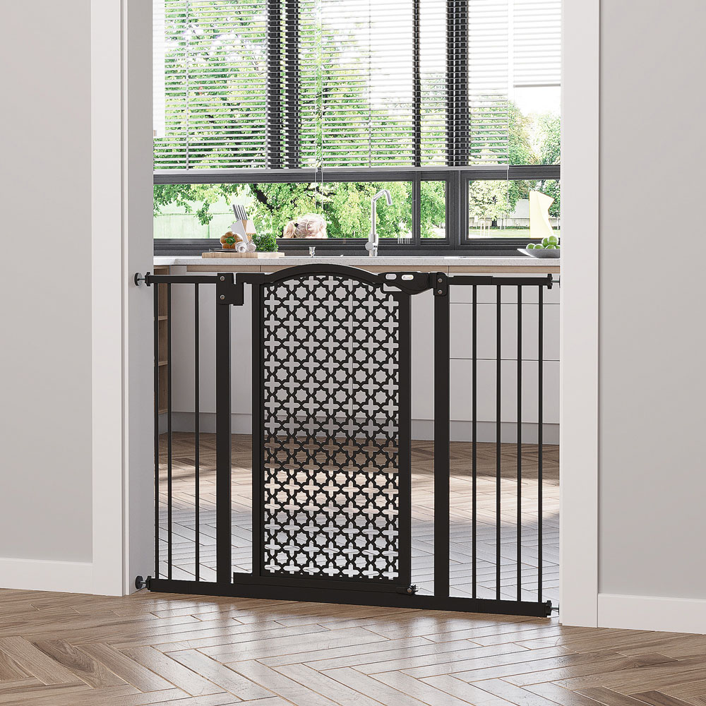 PawHut Black 74-105cm Stair Pressure Fit Pet Safety Gate with Double Locking Image 2