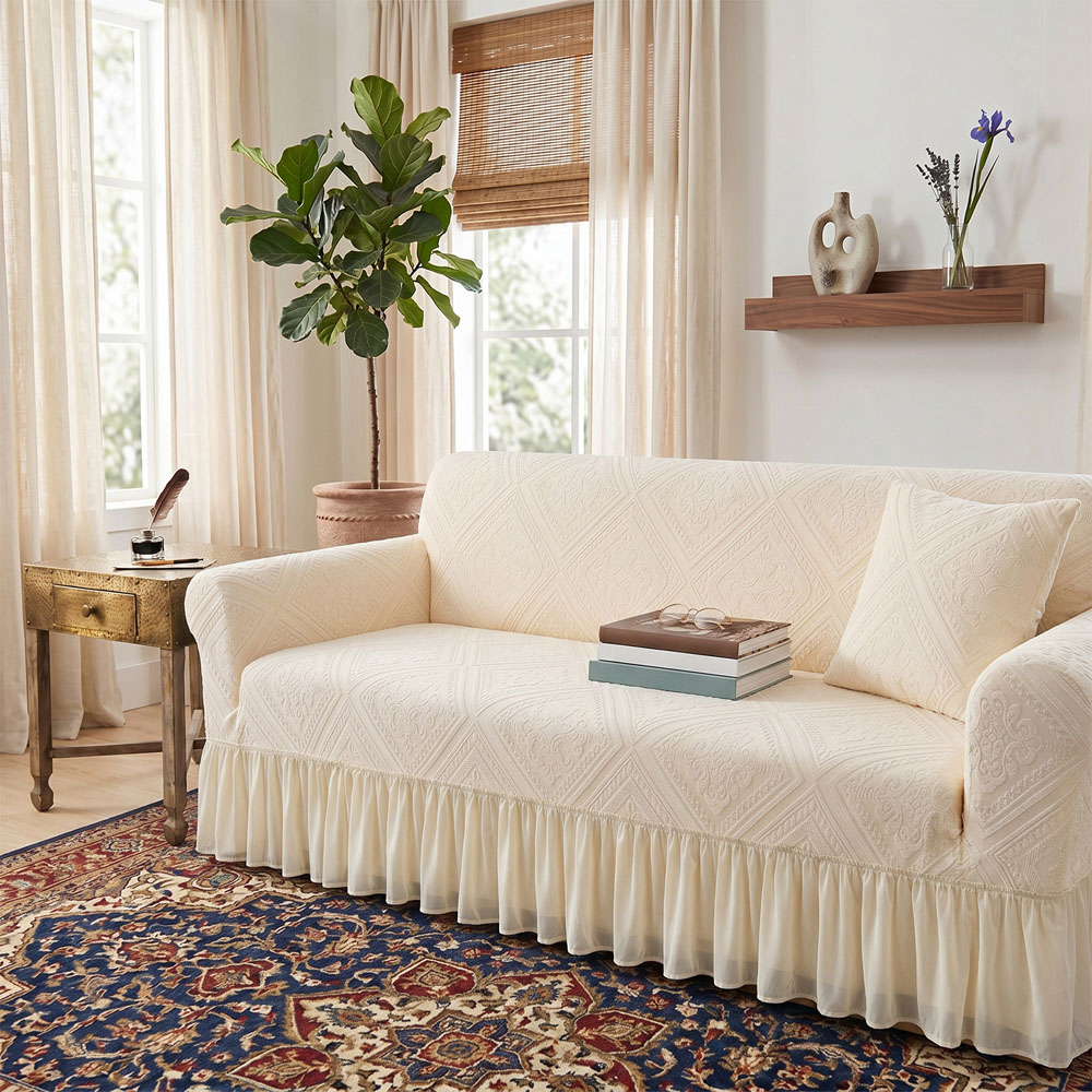 Living and Home 3 Seater Beige Damask 3D Embossed Plush Sofa Cover Image 7