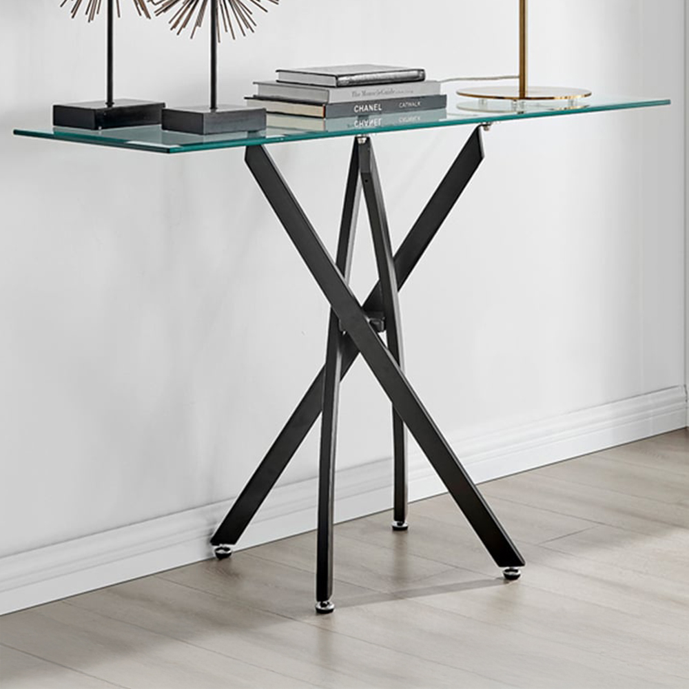 Furniturebox Tavolo Matte Black and Clear Tempered Glass Console Table Image 1