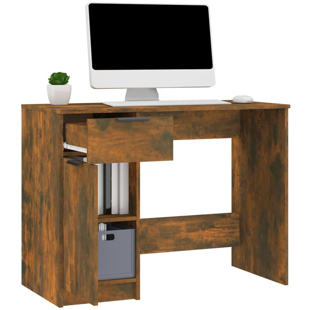 vidaXL Single Door Single Drawer Computer Desk Smoked Oak Image 4