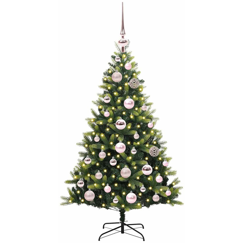vidaXL Pre-Lit Pink Baubles Green Artificial Hinged Christmas Tree 4ft Image 1