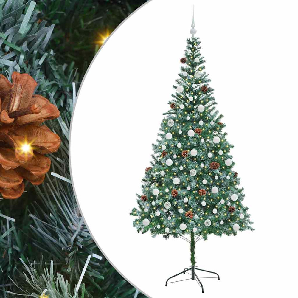 vidaXL Pre-Lit White Baubles Green Artificial Christmas Tree 7ft Image 2