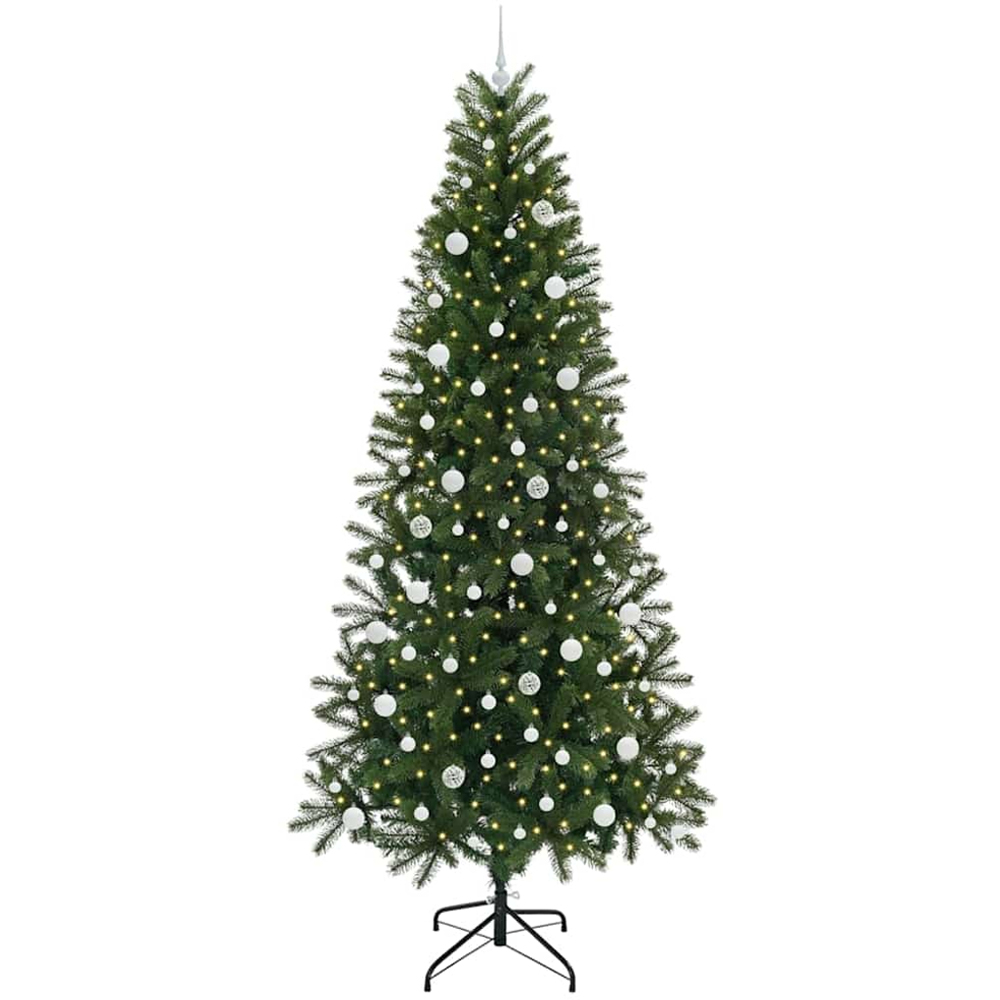 vidaXL Pre-Lit White Baubles Green Artificial Christmas Tree 8ft Image 1