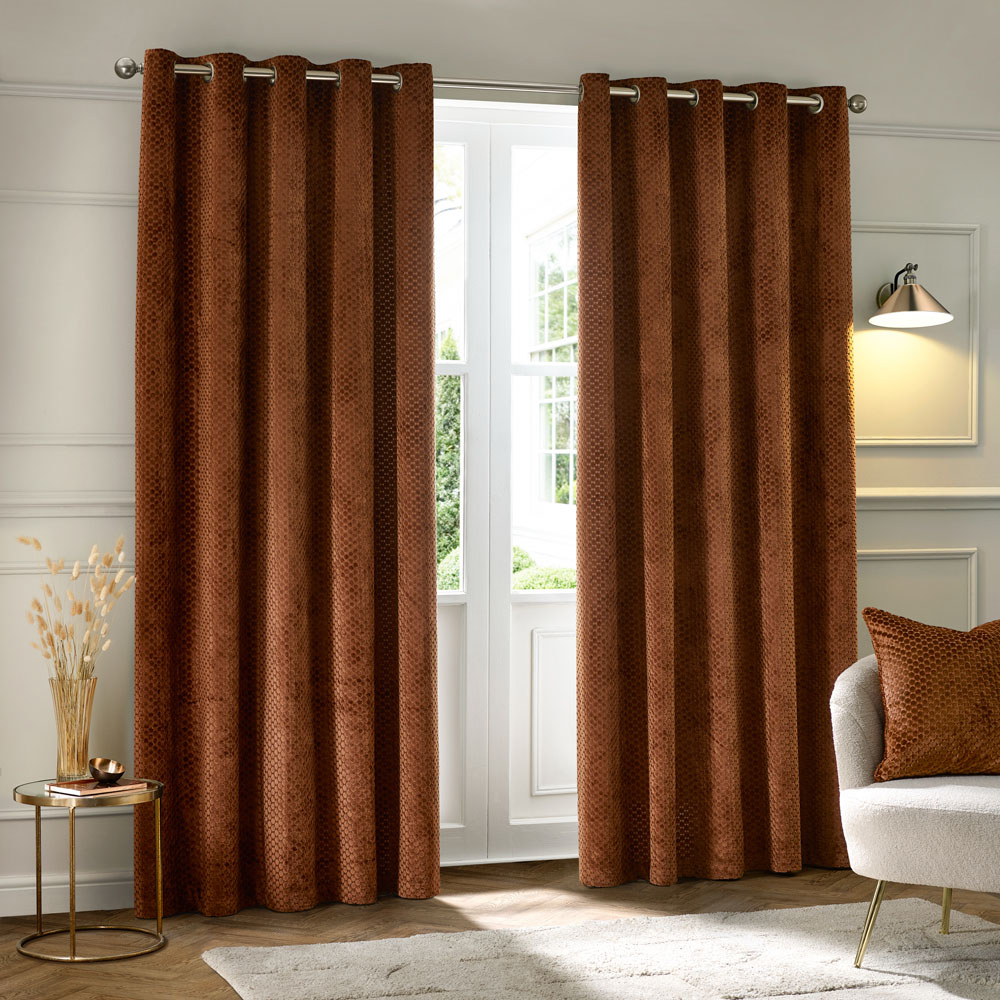 Paoletti Neptune Copper Fully Lined Velvet Eyelet Curtains 229 x 137cm Image 1