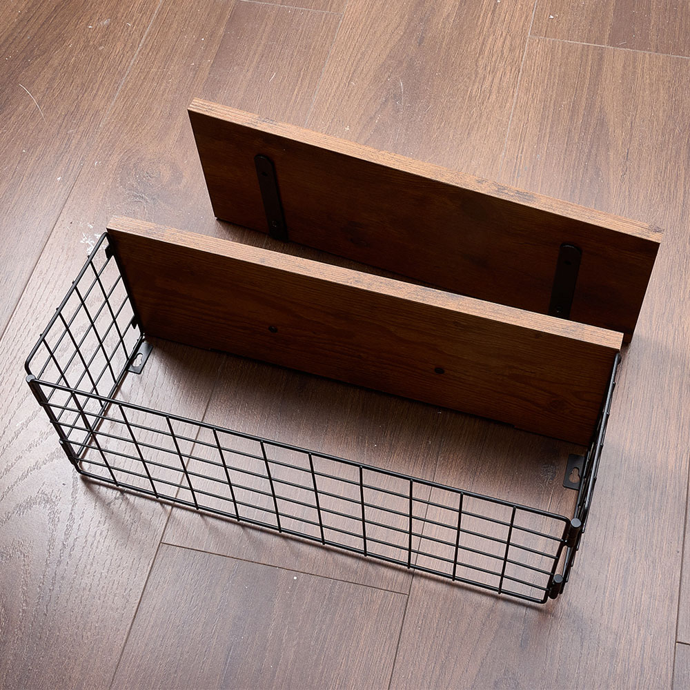 Living and Home 2 Shelf Wooden Wall-Mounted Floating Shelf with Wire Basket Image 8