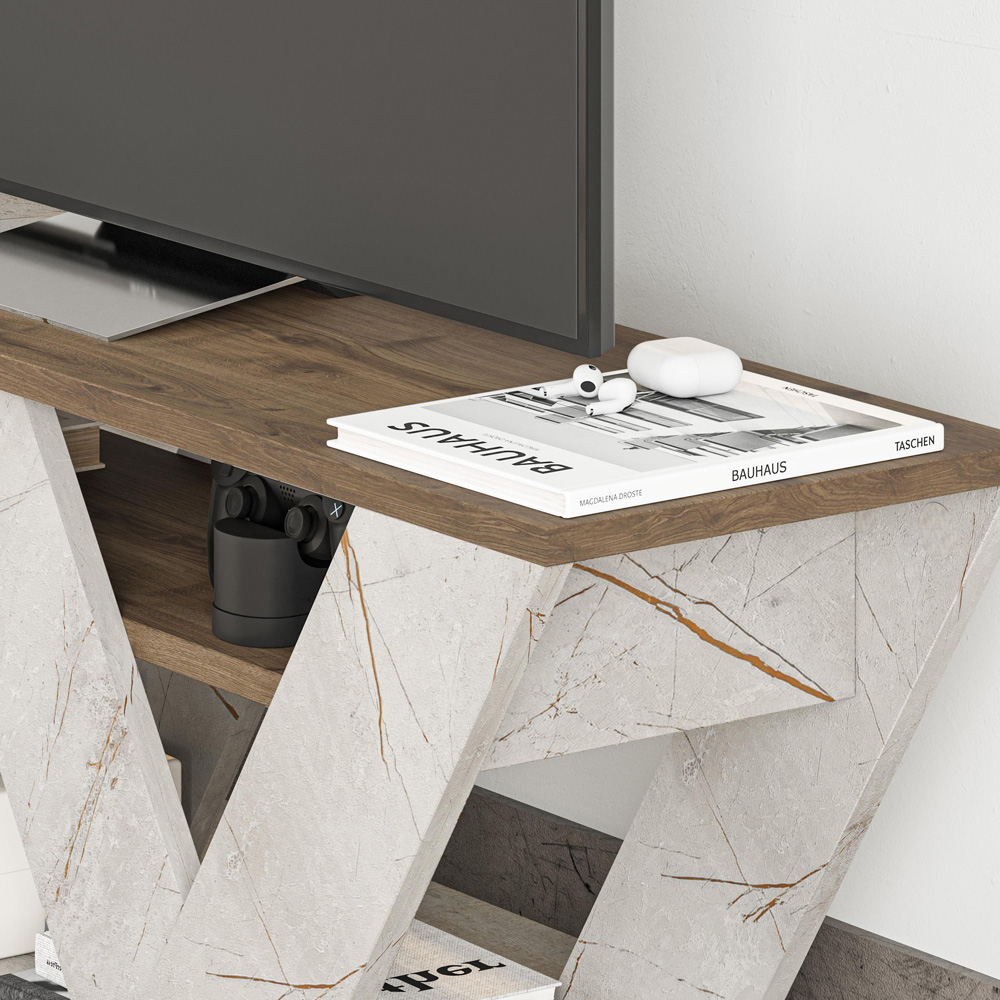 Decortie Pipralla 2 Shelf Gold Marble Effect and Dark Oak TV Unit Image 3