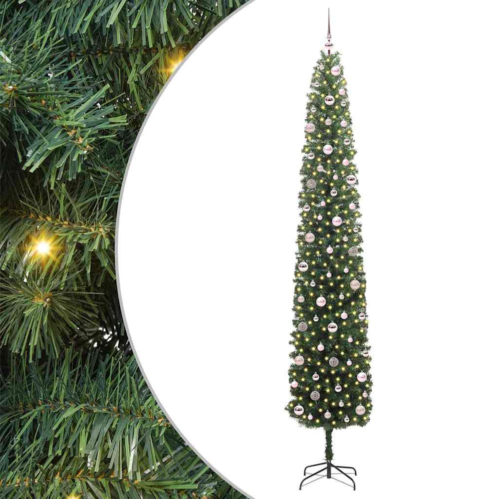 vidaXL Green Artificial Christmas Tree with LEDs Pink Decoration Ornaments 9ft Image 2