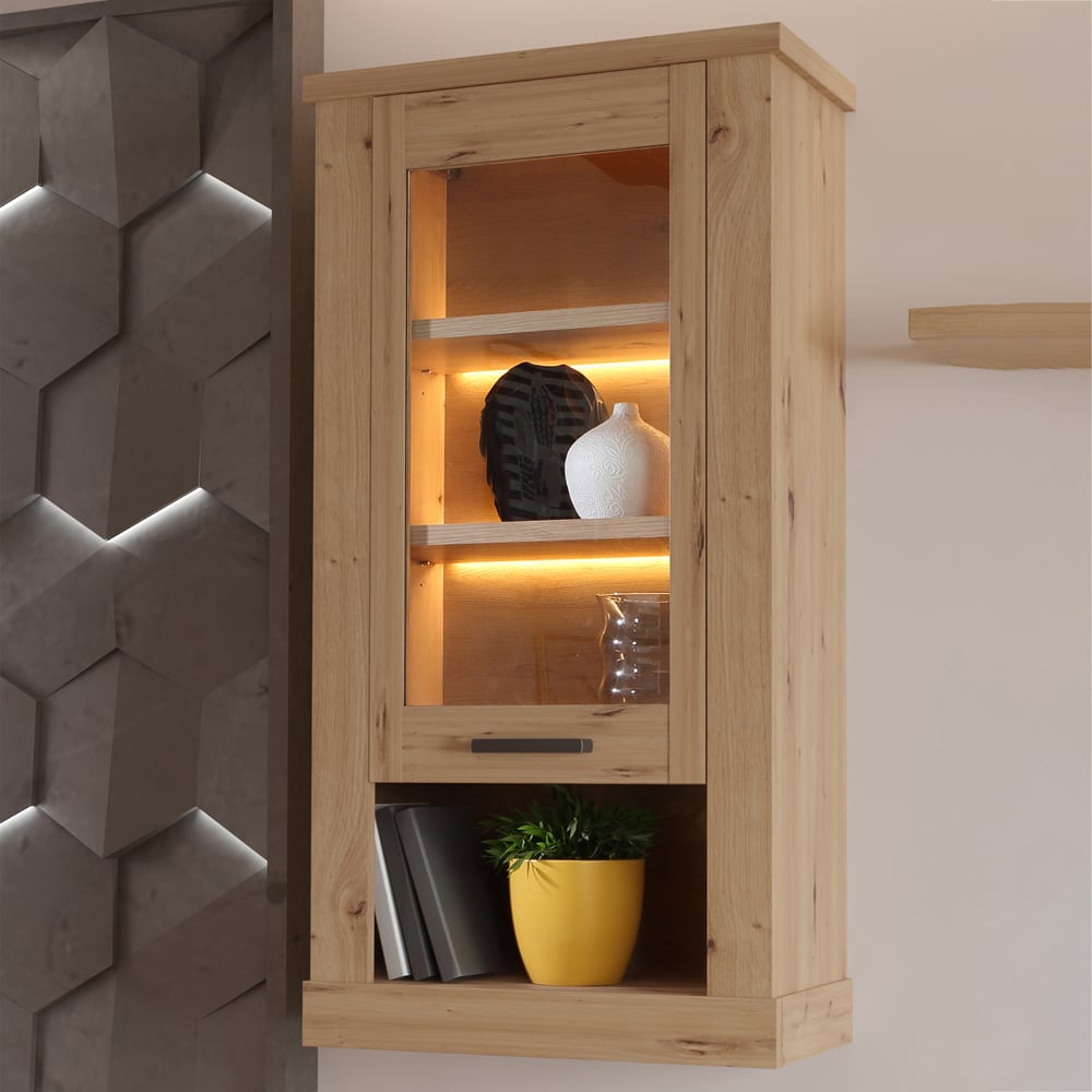 Florence Corona Single Door Single Shelf Artisan Oak Glass Wall Display Cabinet Image 1