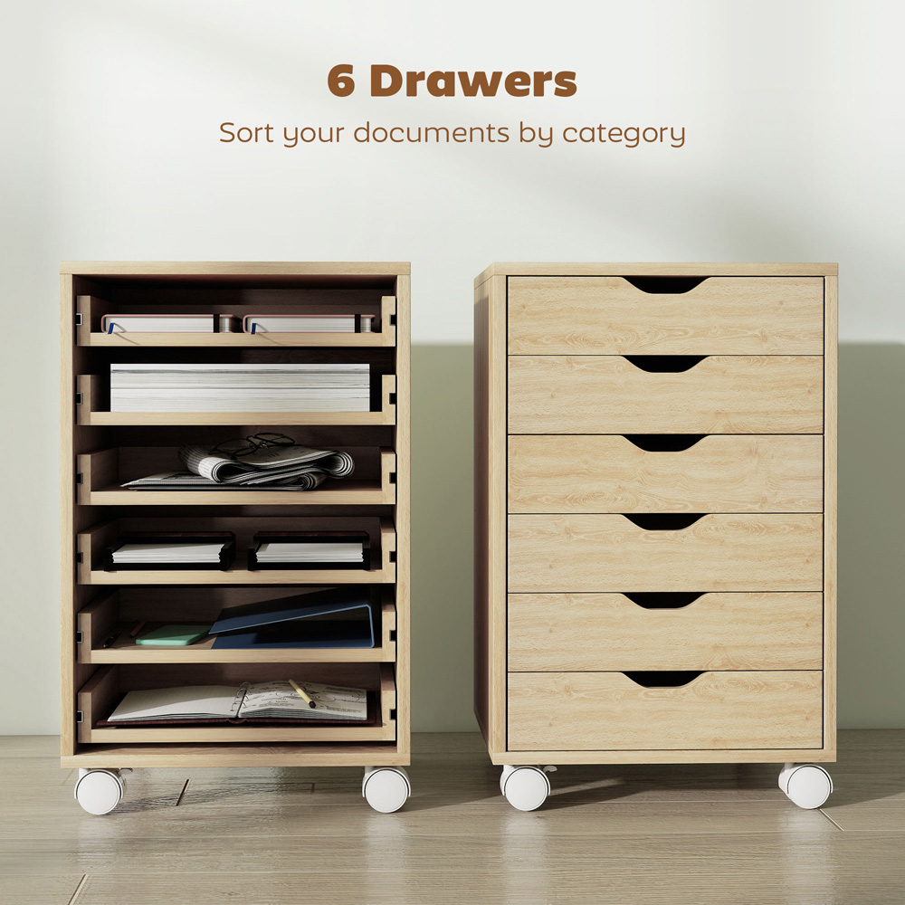 HOMCOM 6 Drawer Oak Vertical File Cabinet with Wheels Image 6
