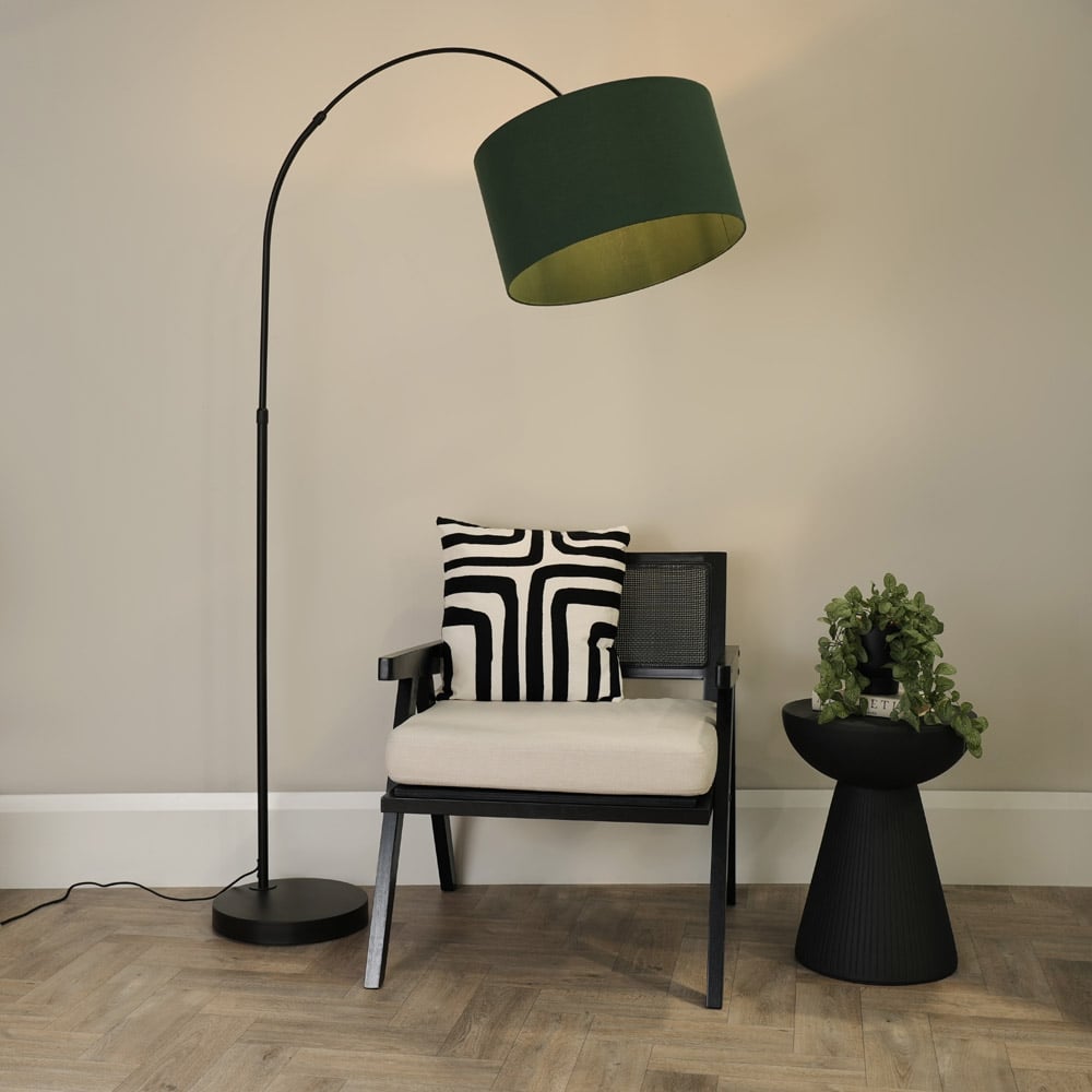 ValueLights Louis Forest Green Fabric Drum Shade Black Curved LED Floor Lamp Image 2