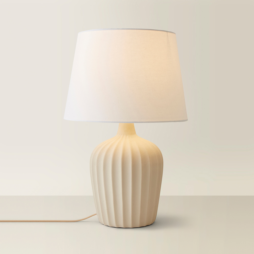 ValueLights Serena Natural Tapered Linen Lamp Shade Ribbed Ceramic Beige LED Table Lamp Image 5
