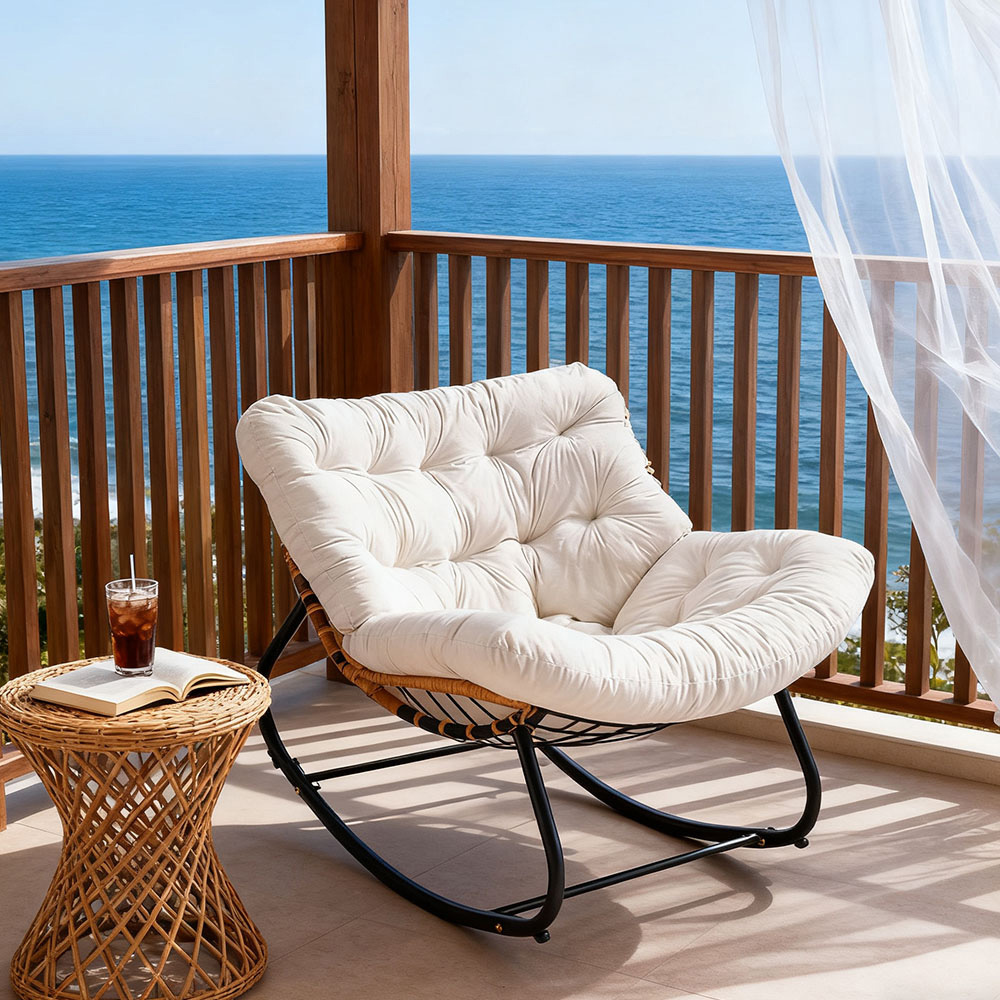 Living and Home White Cushion PE Rattan Rocking Chair Image 8