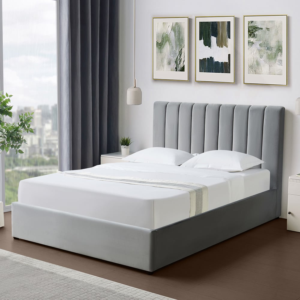 Brooklyn Corwin Double Grey Velvet Ottoman Bed Image 2