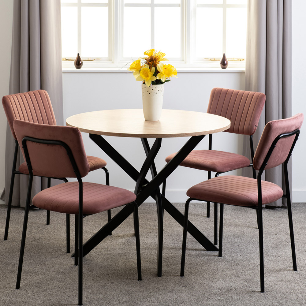 Seconique Sheldon Velvet Fabric 4 Seater Round Dining Set Sonoma Oak Effect Black and Pink Image 1