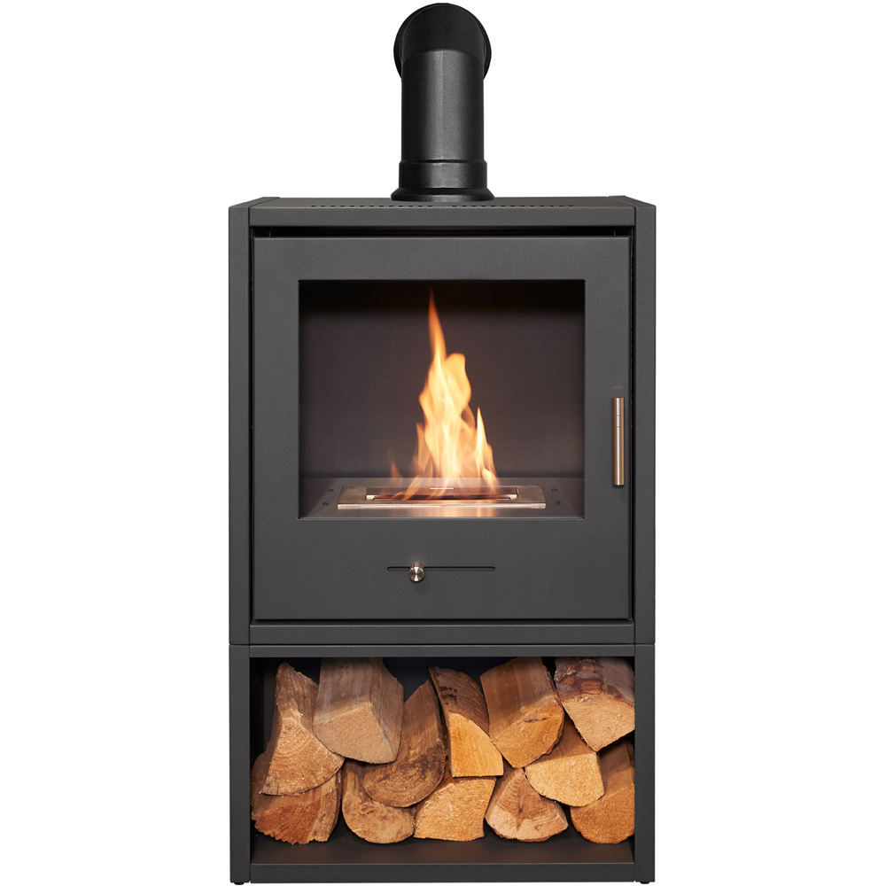 OKO S3 Charcoal Grey Bio Ethanol Stove with Log Storage and Angled Pipe Image 3