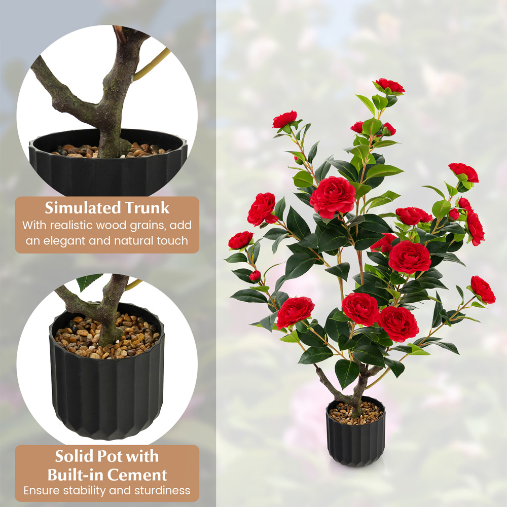 Costway Red Flowers Camellia Tree Artificial Plant In Pot 3.1ft 2 Pack Image 4