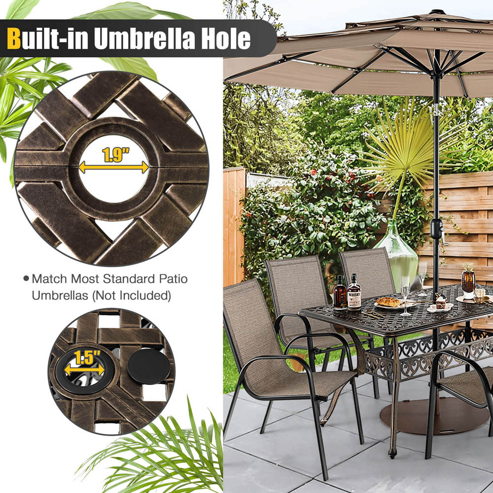 Costway 6 Seater Outdoor Dining Table with Umbrella Hole Bronze Image 5